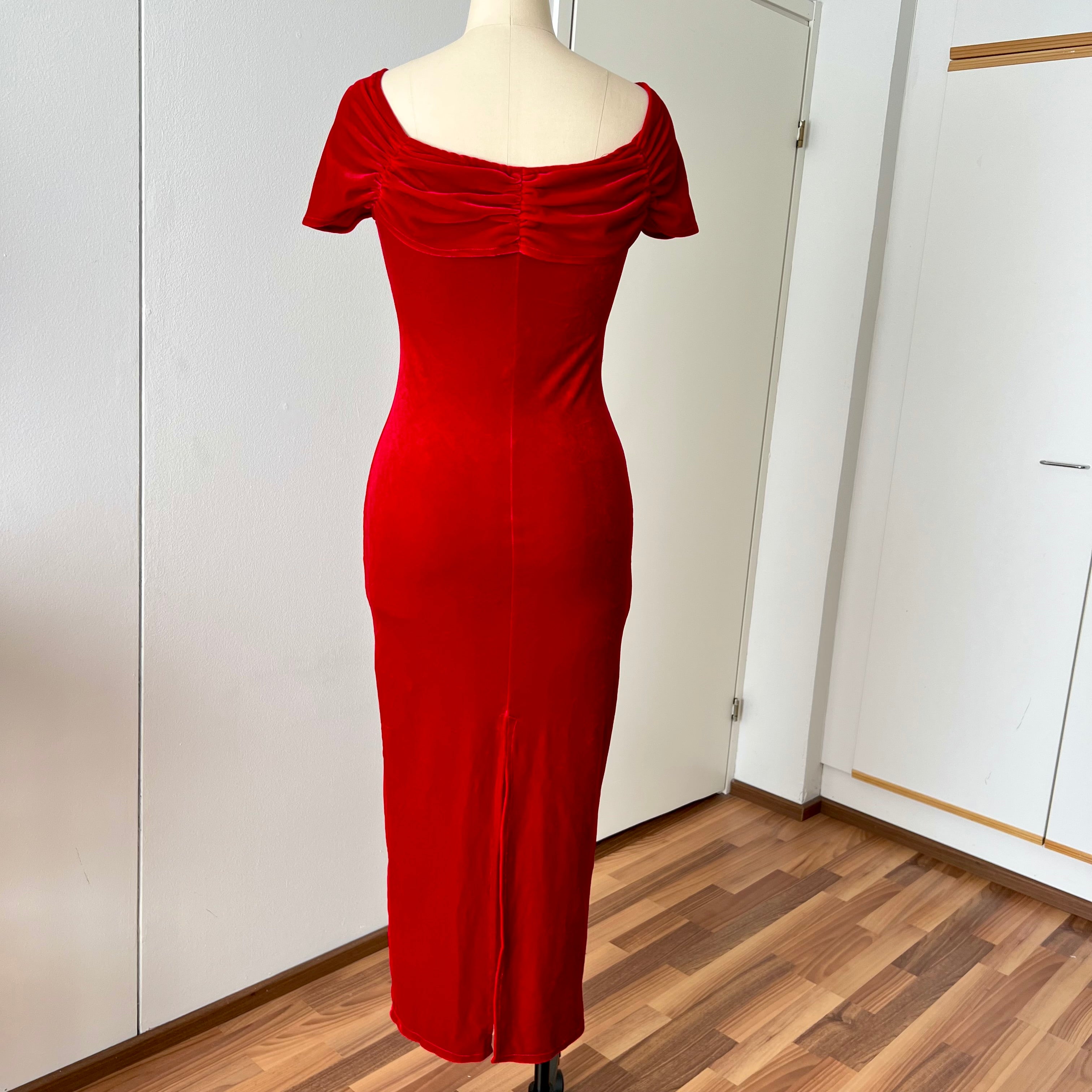 Vintage Italian Red Velvet Maxi Dress-Off Shoulder Vampy Gown