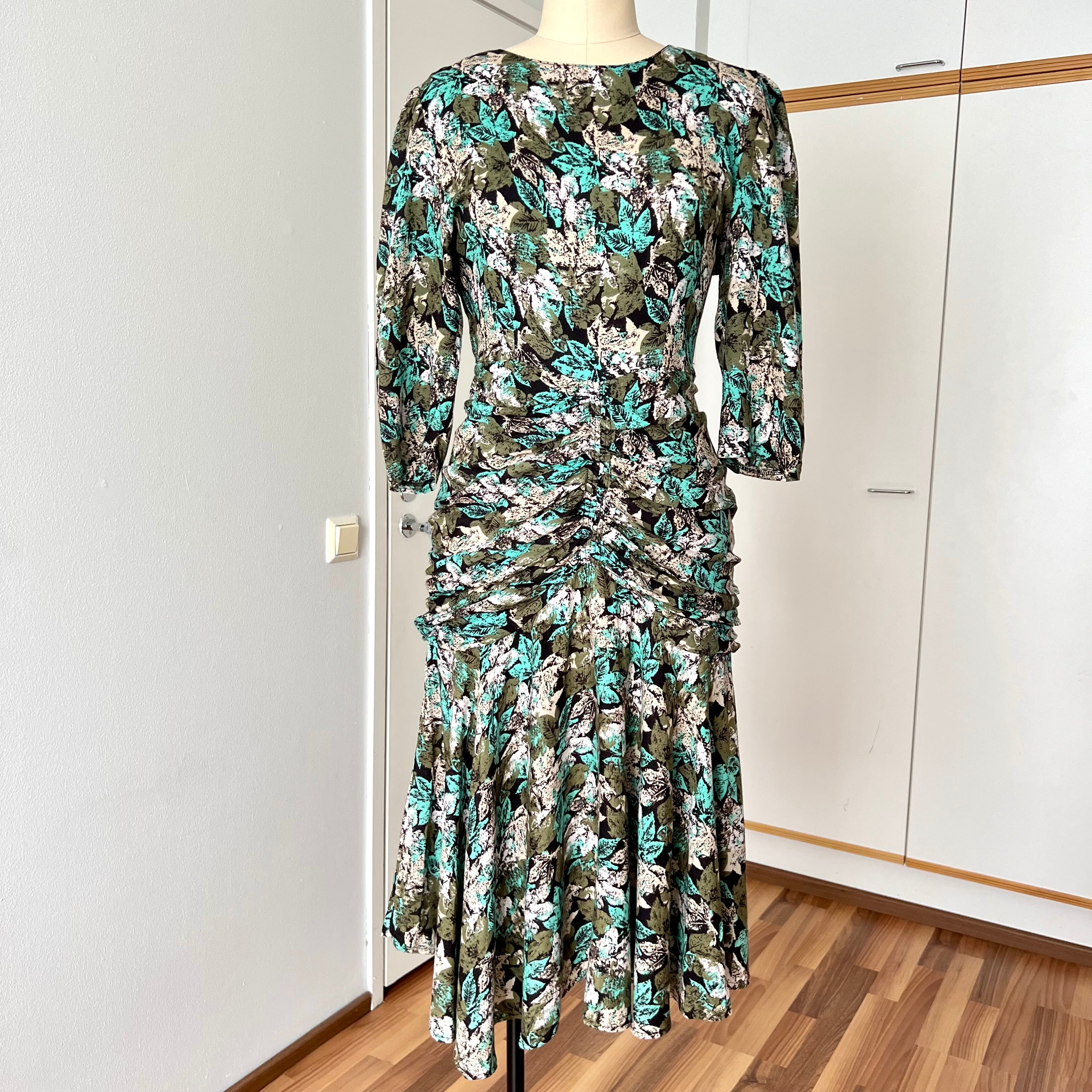 1980s Vintage Floral Rayon Midi Dress-Ruched Waist Green Boho Dress Size M
