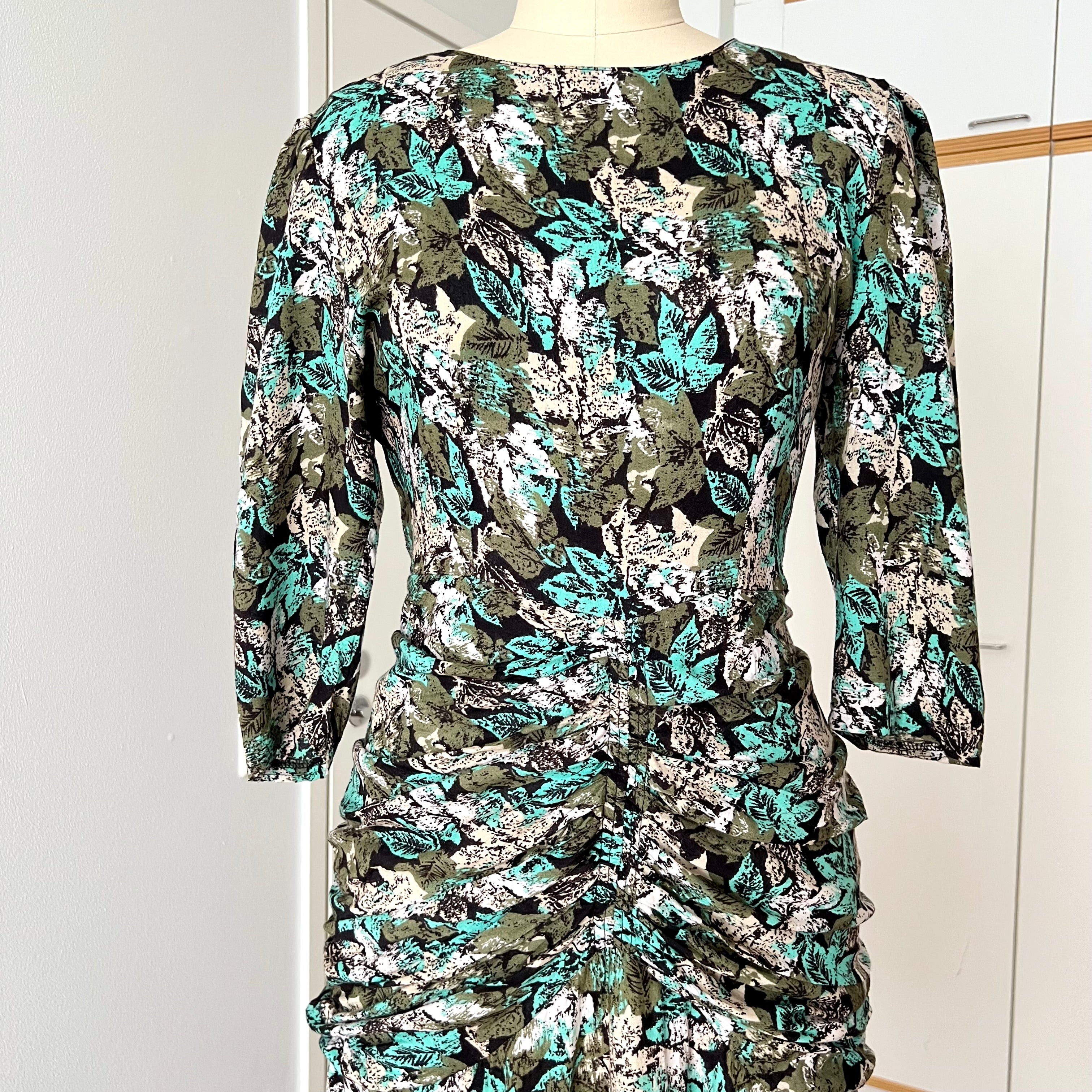 1980s Vintage Floral Rayon Midi Dress-Ruched Waist Green Boho Dress Size M