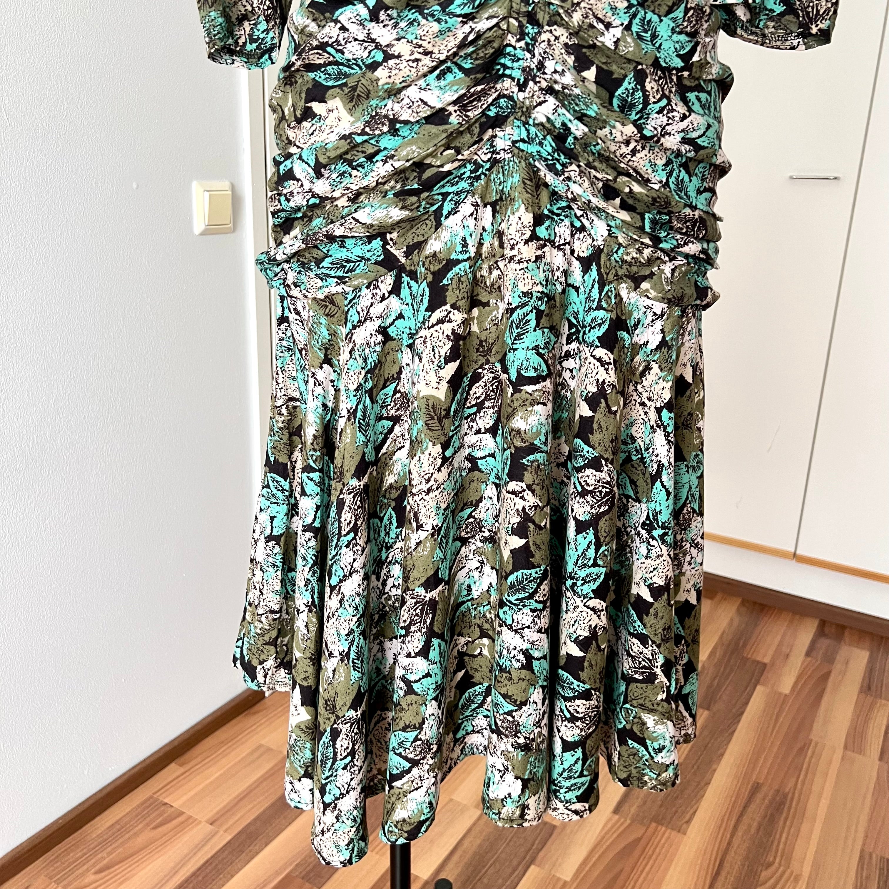 1980s Vintage Floral Rayon Midi Dress-Ruched Waist Green Boho Dress Size M