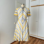 70s Vintage Chevron Stripe Midi Dress-Mod Shift Belted Day Dress