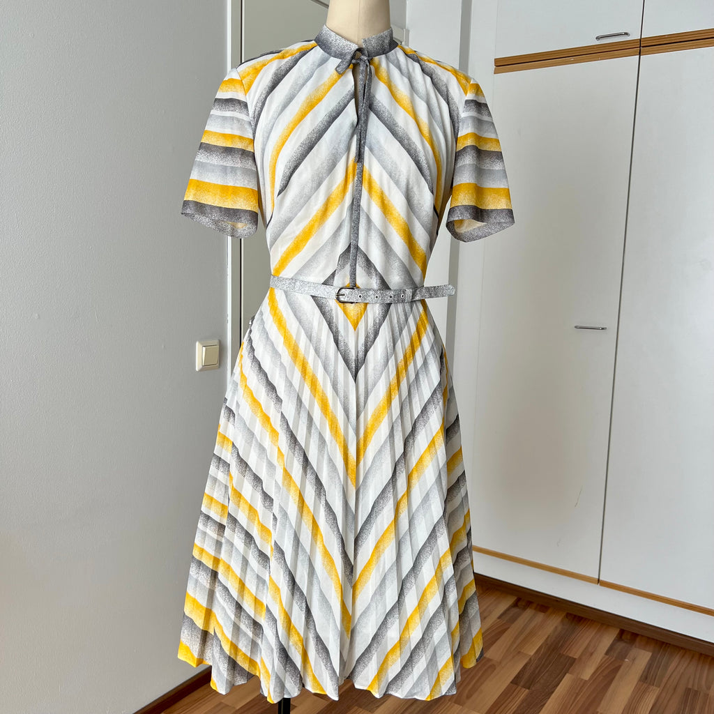 70s Vintage Chevron Stripe Midi Dress-Mod Shift Belted Day Dress
