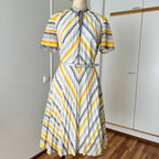 70s Vintage Chevron Stripe Midi Dress-Mod Shift Belted Day Dress