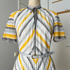 70s Vintage Chevron Stripe Midi Dress-Mod Shift Belted Day Dress