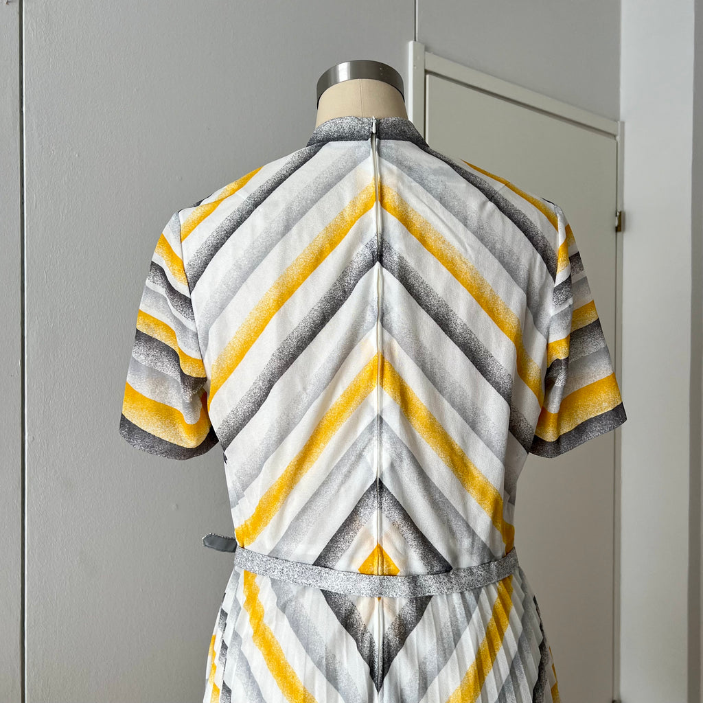 70s Vintage Chevron Stripe Midi Dress-Mod Shift Belted Day Dress