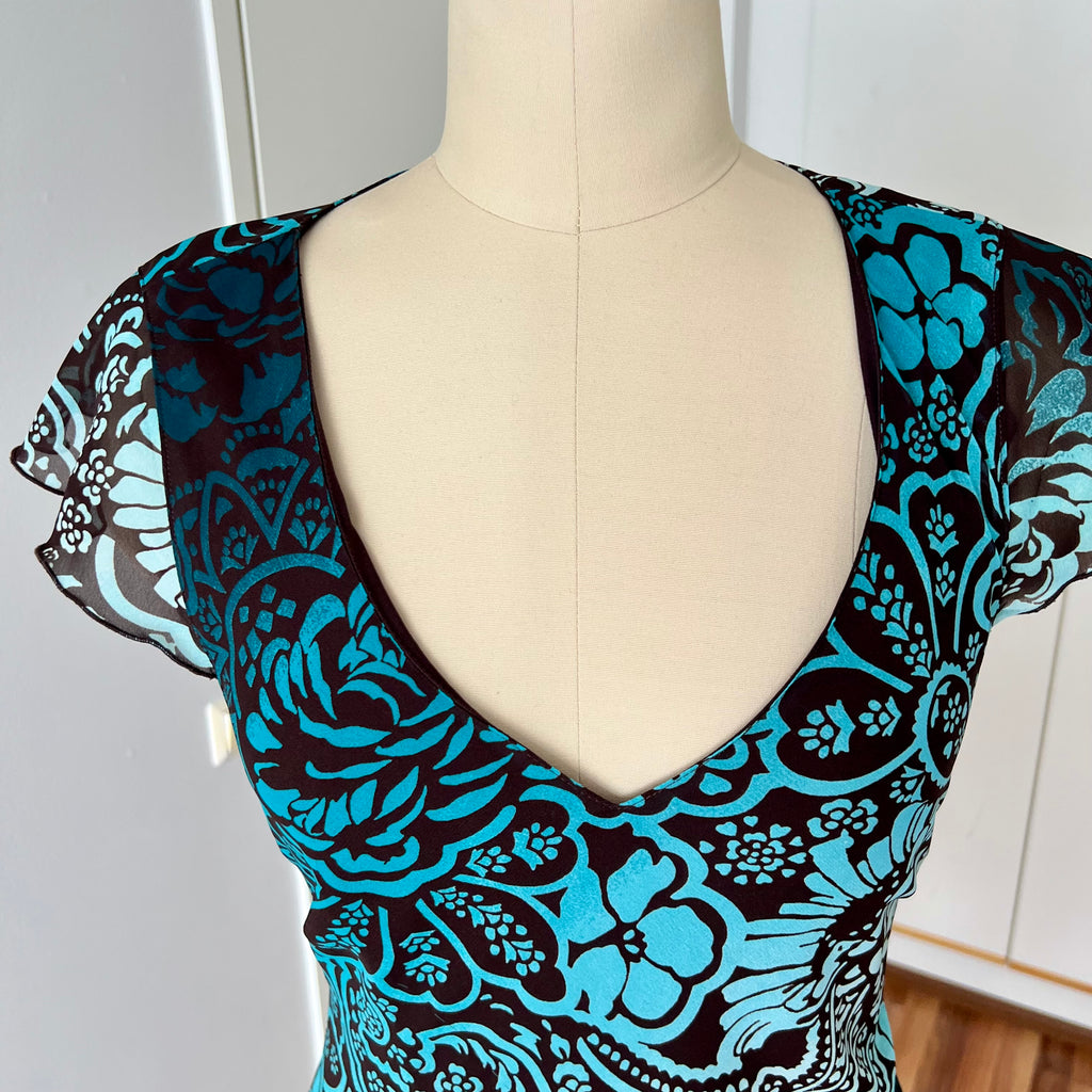 Y2K Sheer Mesh Midi Dress-Fairycore Paisley Print Whimsygoth Dress EU 38