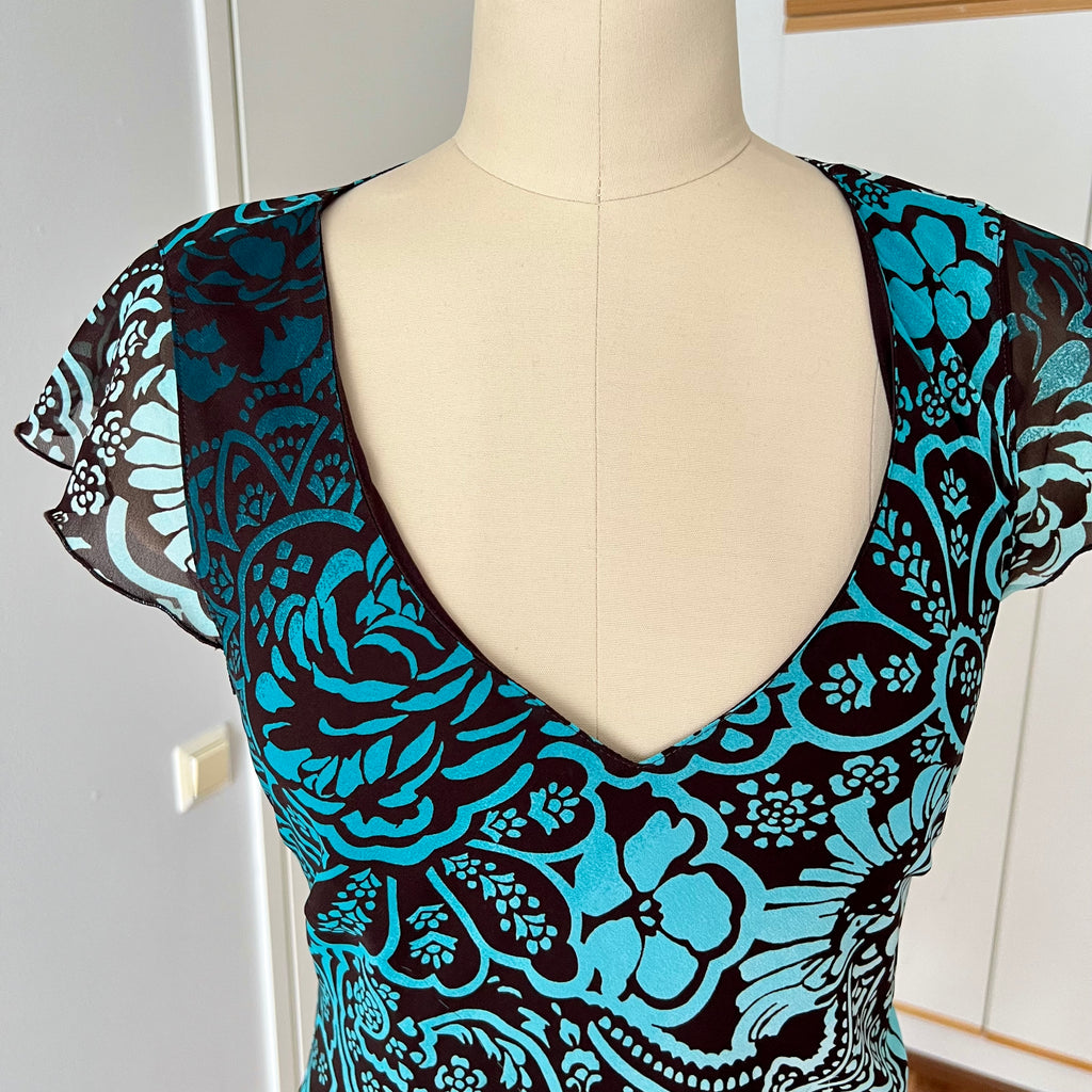 Y2K Sheer Mesh Midi Dress-Fairycore Paisley Print Whimsygoth Dress EU 38