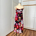 Y2K Cowl Neck Floral Slip Dress-Mesh Overlay Grunge Fairy 2000s Tropical Print EU 38