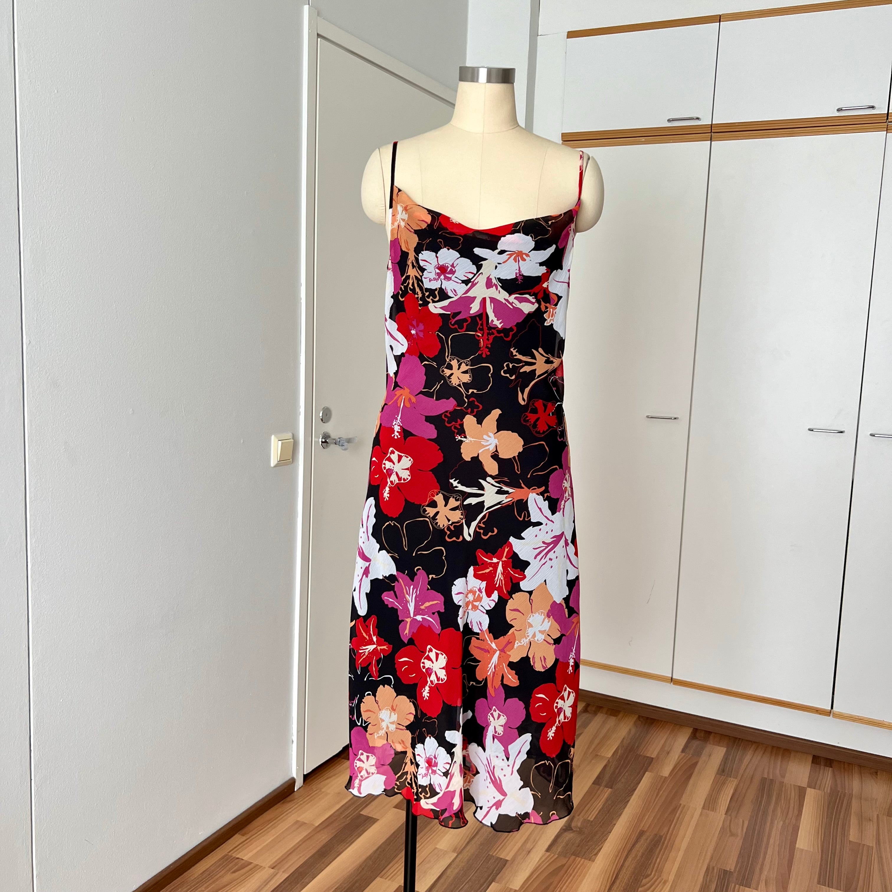 Y2K Cowl Neck Floral Slip Dress-Mesh Overlay Grunge Fairy 2000s Tropical Print EU 38