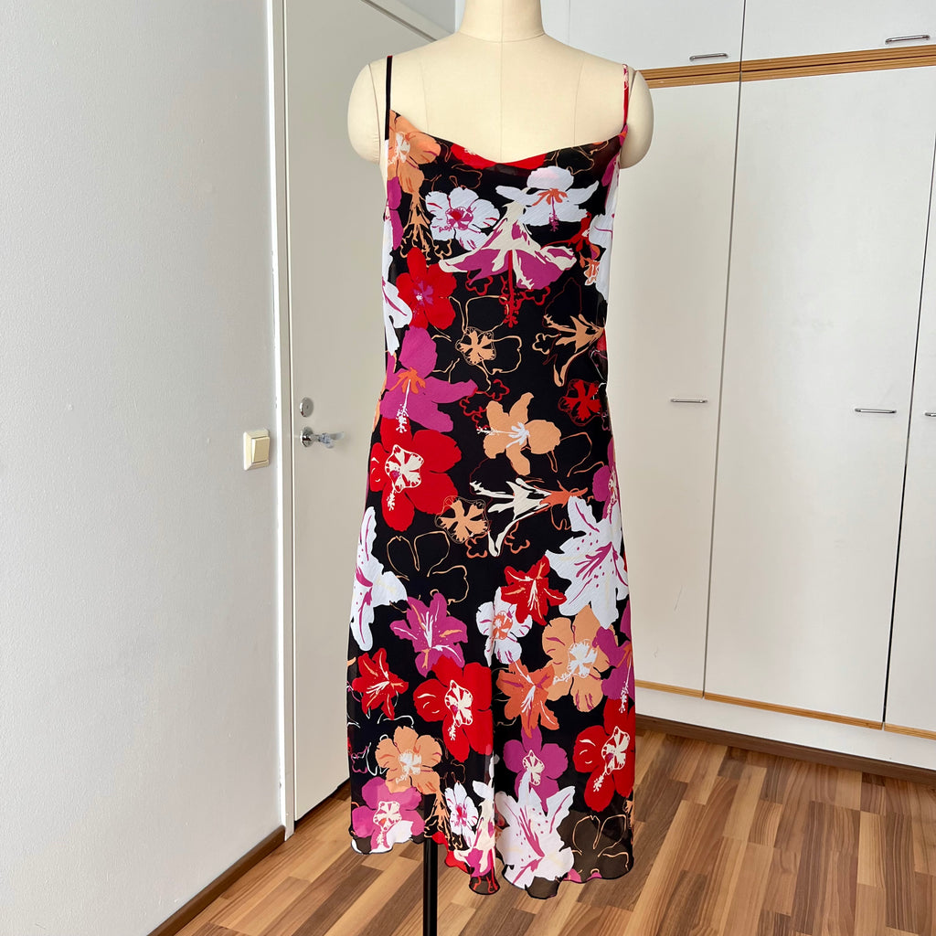 Y2K Cowl Neck Floral Slip Dress-Mesh Overlay Grunge Fairy 2000s Tropical Print EU 38