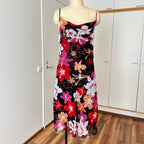 Y2K Cowl Neck Floral Slip Dress-Mesh Overlay Grunge Fairy 2000s Tropical Print EU 38