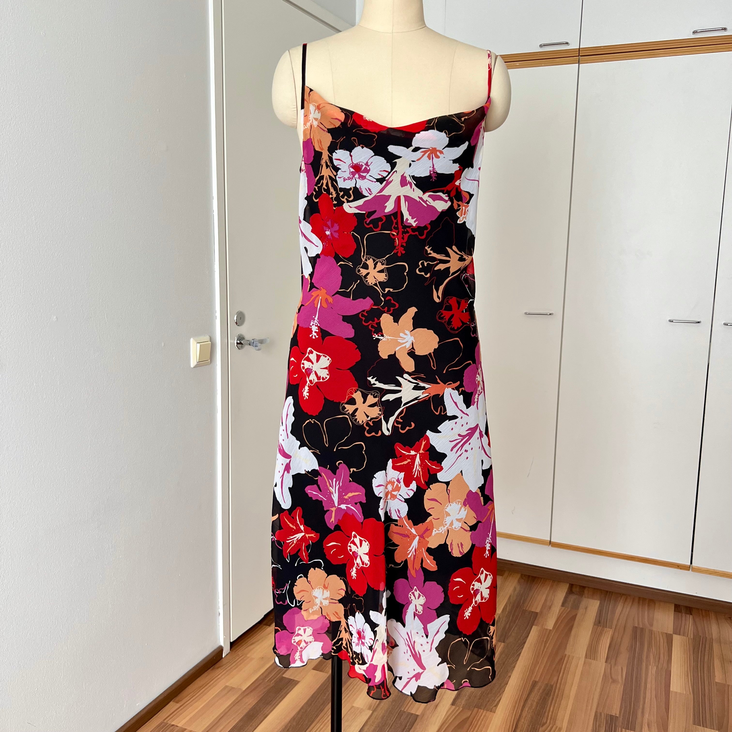 Y2K Cowl Neck Floral Slip Dress-Mesh Overlay Grunge Fairy 2000s Tropical Print EU 38