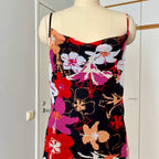 Y2K Cowl Neck Floral Slip Dress-Mesh Overlay Grunge Fairy 2000s Tropical Print EU 38