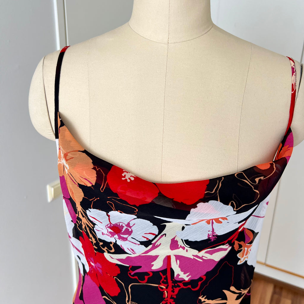 Y2K Cowl Neck Floral Slip Dress-Mesh Overlay Grunge Fairy 2000s Tropical Print EU 38