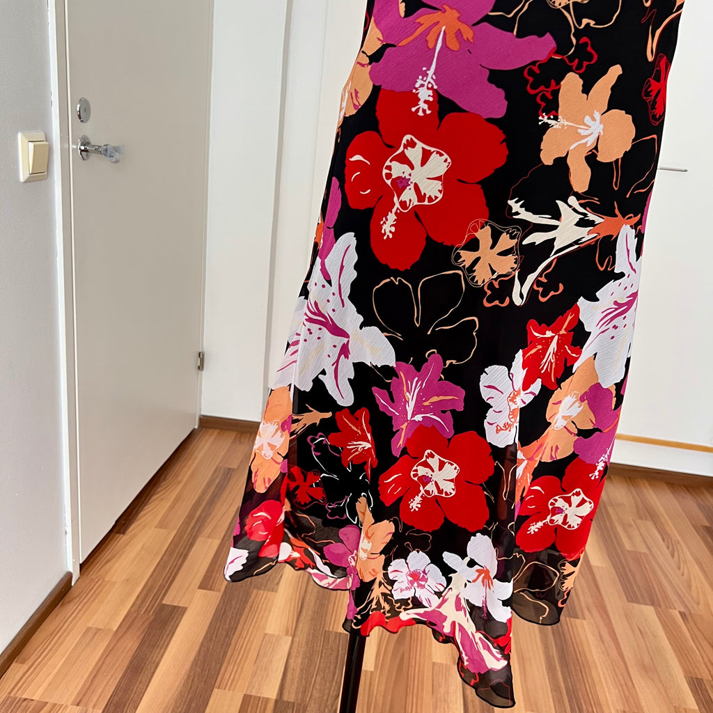 Y2K Cowl Neck Floral Slip Dress-Mesh Overlay Grunge Fairy 2000s Tropical Print EU 38