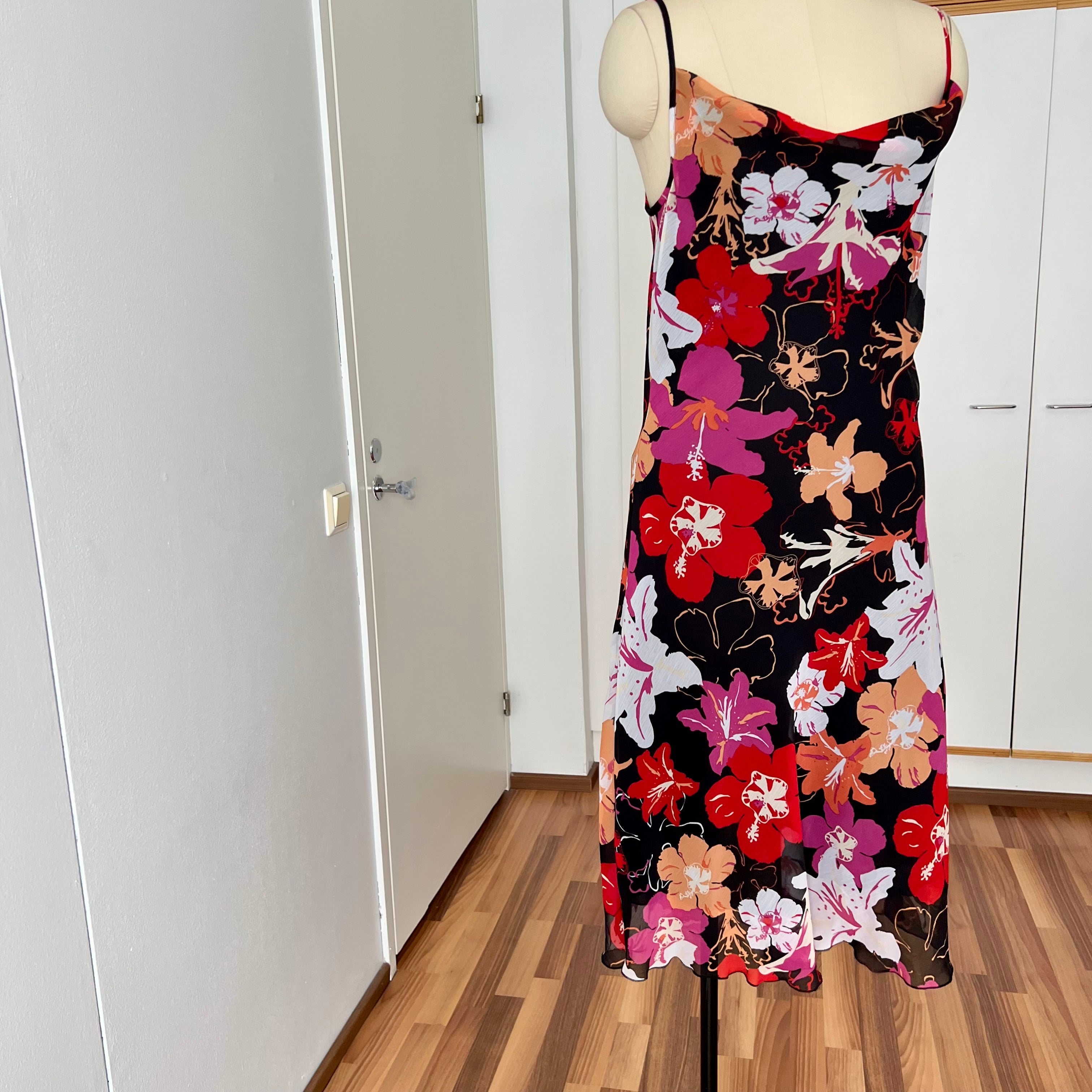 Y2K Cowl Neck Floral Slip Dress-Mesh Overlay Grunge Fairy 2000s Tropical Print EU 38