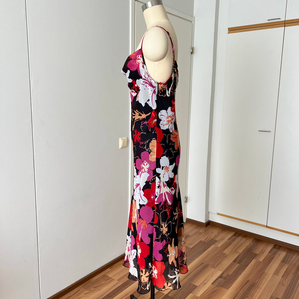 Y2K Cowl Neck Floral Slip Dress-Mesh Overlay Grunge Fairy 2000s Tropical Print EU 38