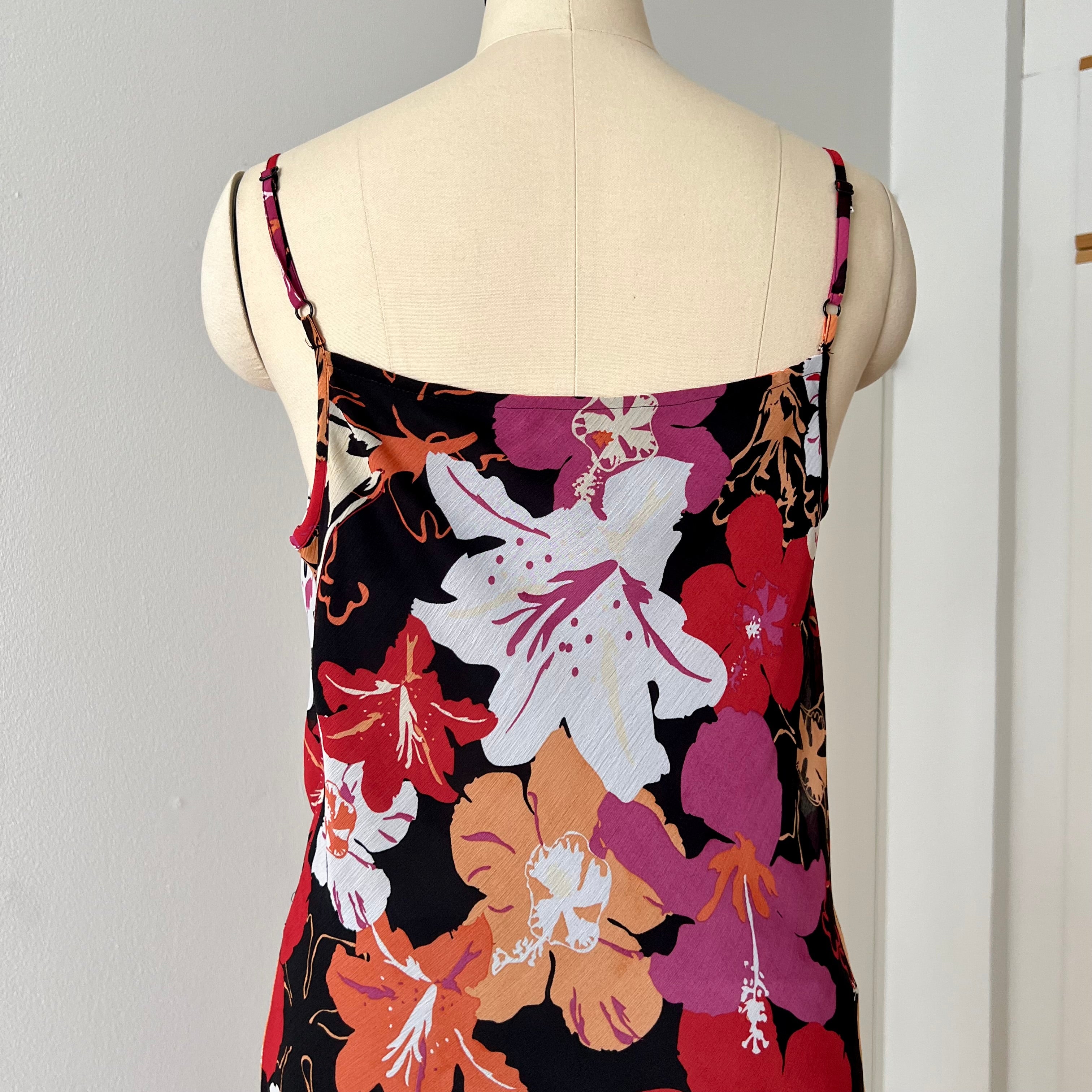 Y2K Cowl Neck Floral Slip Dress-Mesh Overlay Grunge Fairy 2000s Tropical Print EU 38
