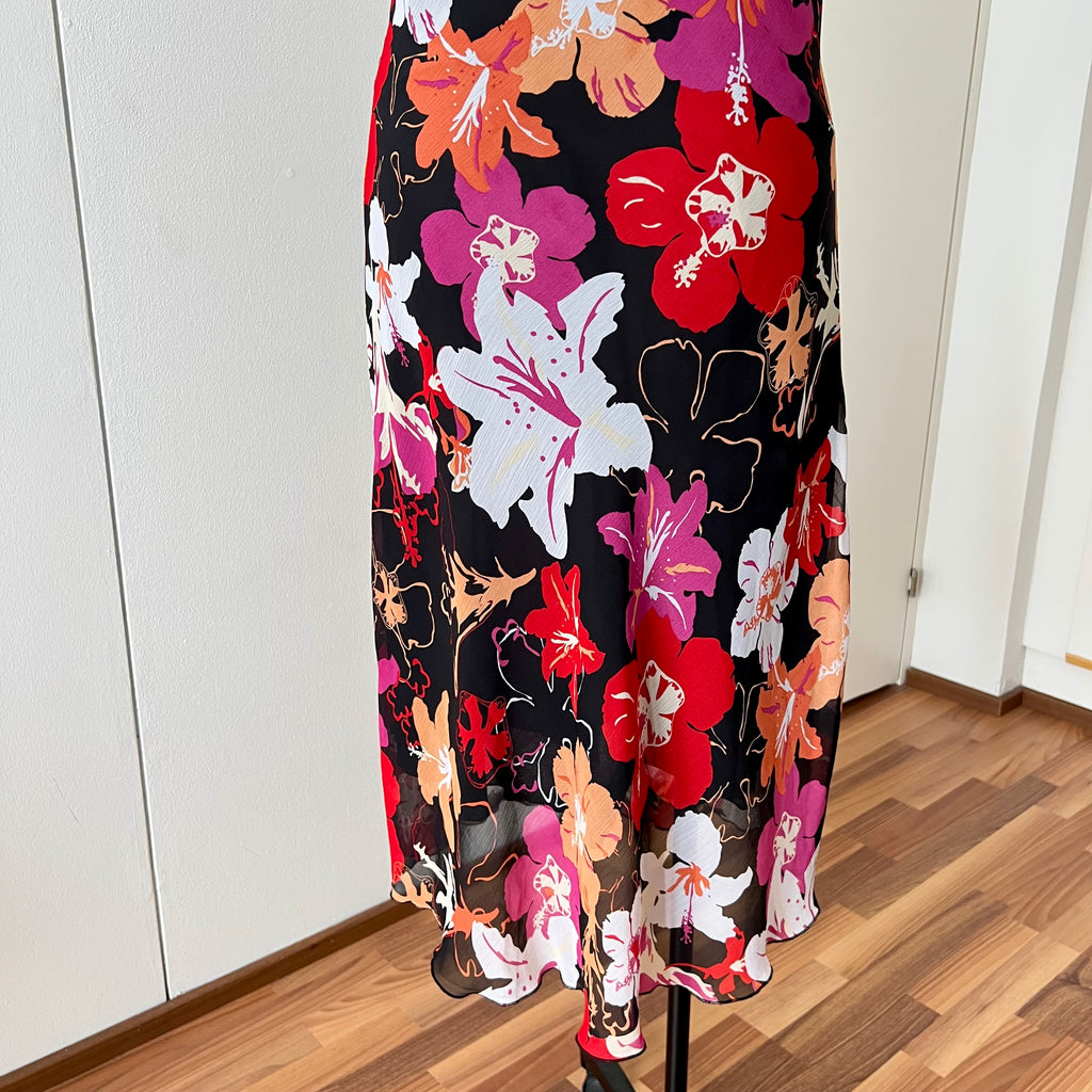 Y2K Cowl Neck Floral Slip Dress-Mesh Overlay Grunge Fairy 2000s Tropical Print EU 38