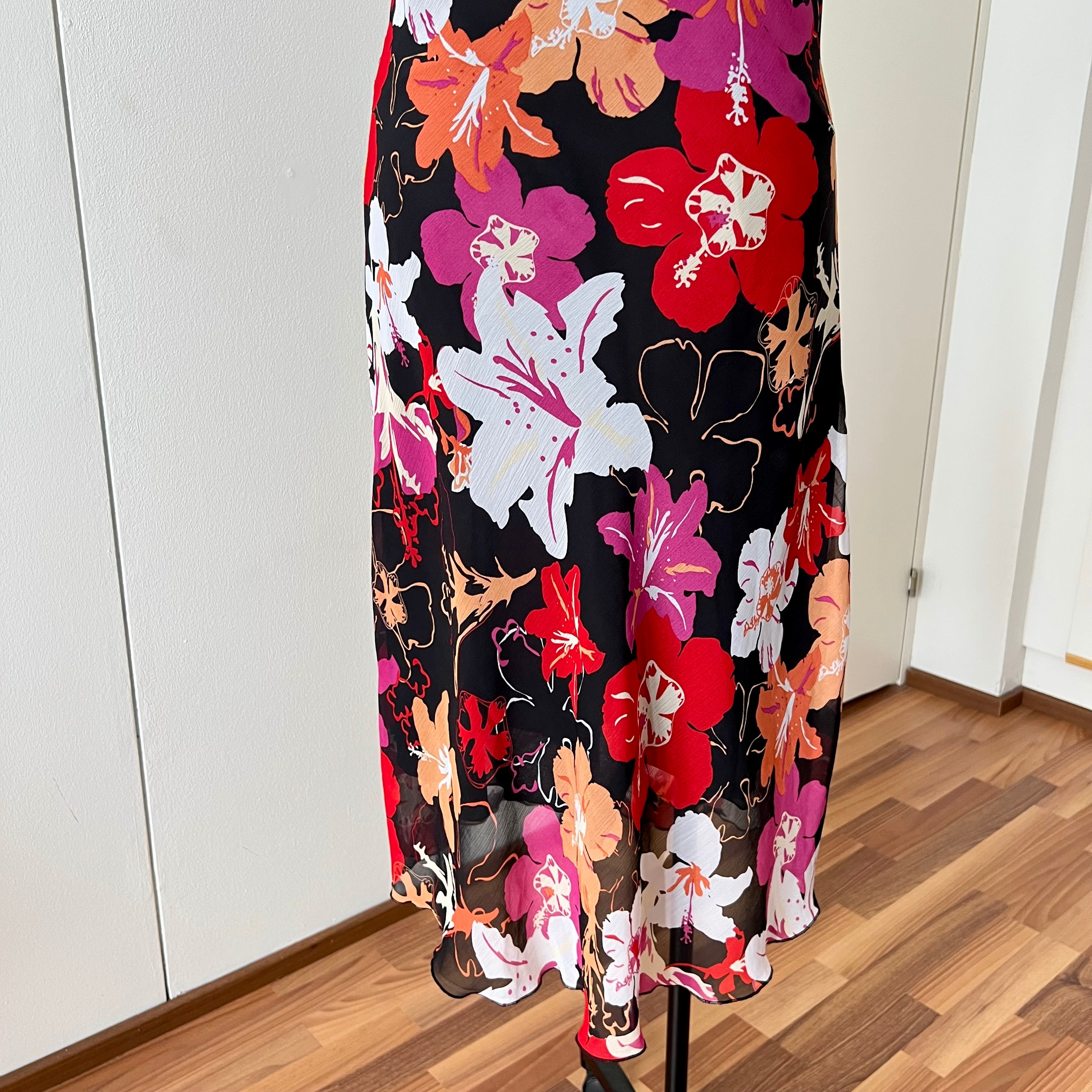 Y2K Cowl Neck Floral Slip Dress-Mesh Overlay Grunge Fairy 2000s Tropical Print EU 38