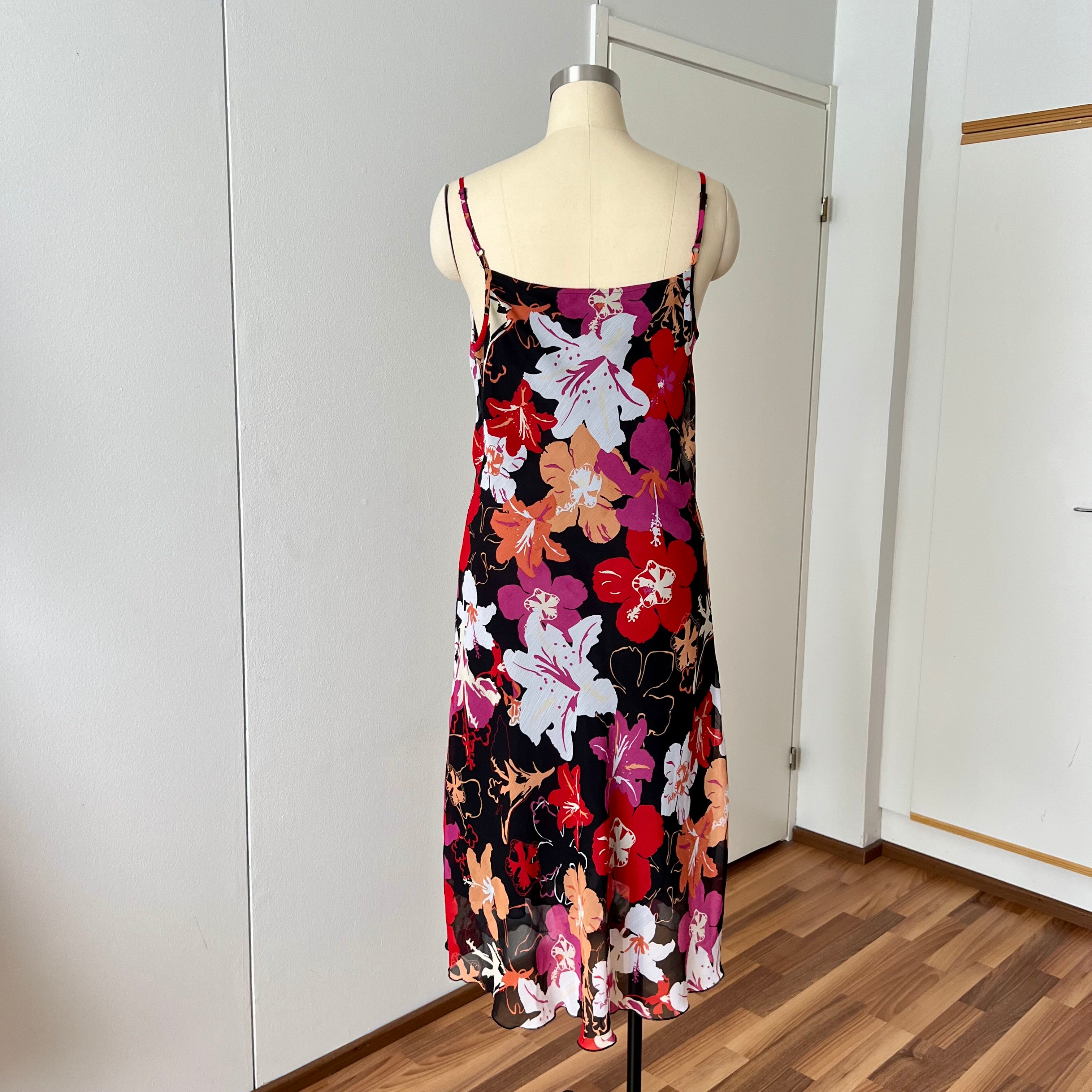 Y2K Cowl Neck Floral Slip Dress-Mesh Overlay Grunge Fairy 2000s Tropical Print EU 38