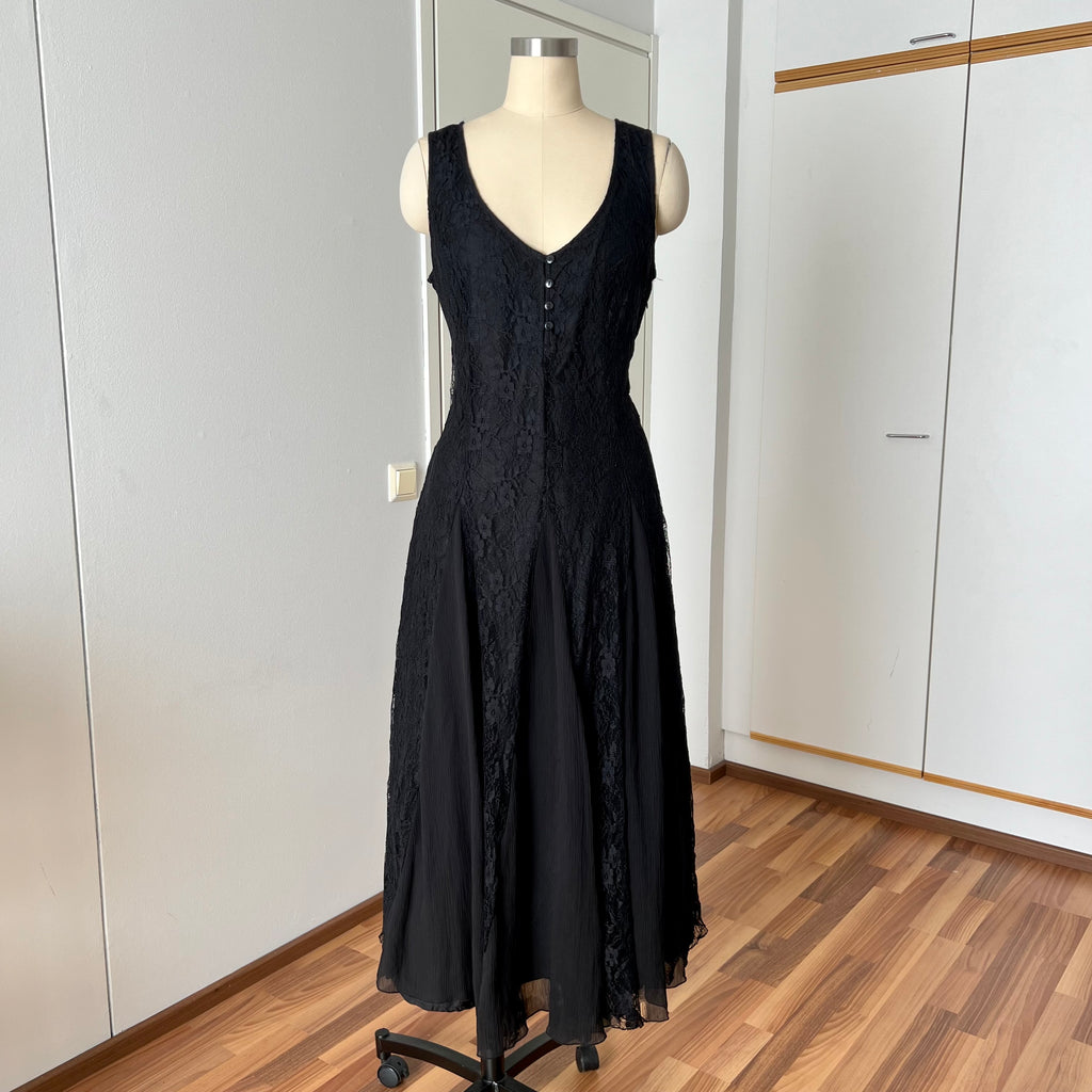 90s Together Black Lace Maxi Dress-Whimsygoth Godet SKirt Gown