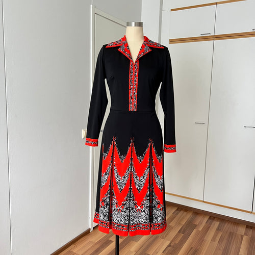 1970s Psychedelic Mod Midi Dress-Vintage Pointed Collar Long Sleeves Dress EU 42
