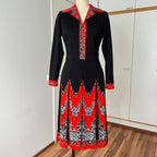 1970s Psychedelic Mod Midi Dress-Vintage Pointed Collar Long Sleeves Dress EU 42