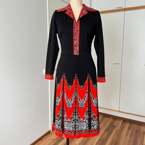 1970s Psychedelic Mod Midi Dress-Vintage Pointed Collar Long Sleeves Dress EU 42
