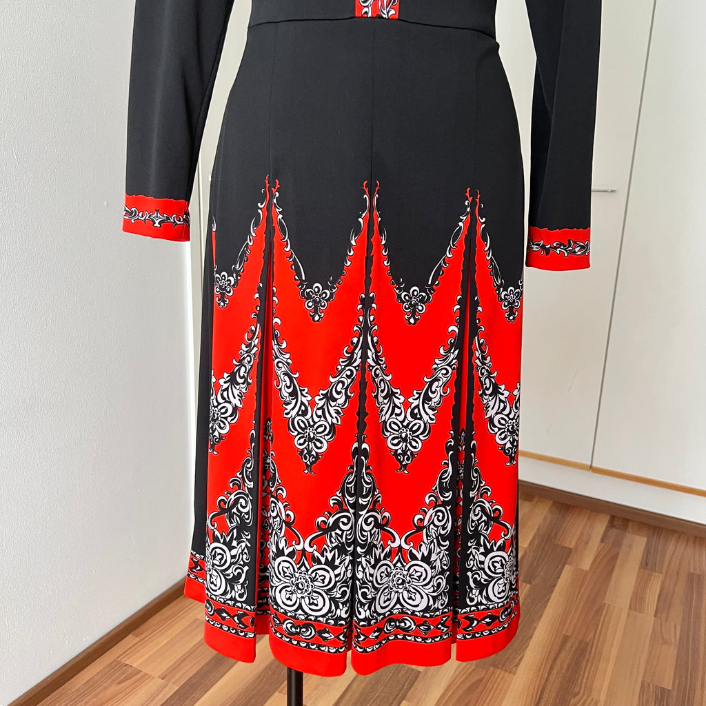 1970s Psychedelic Mod Midi Dress-Vintage Pointed Collar Long Sleeves Dress EU 42