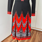 1970s Psychedelic Mod Midi Dress-Vintage Pointed Collar Long Sleeves Dress EU 42
