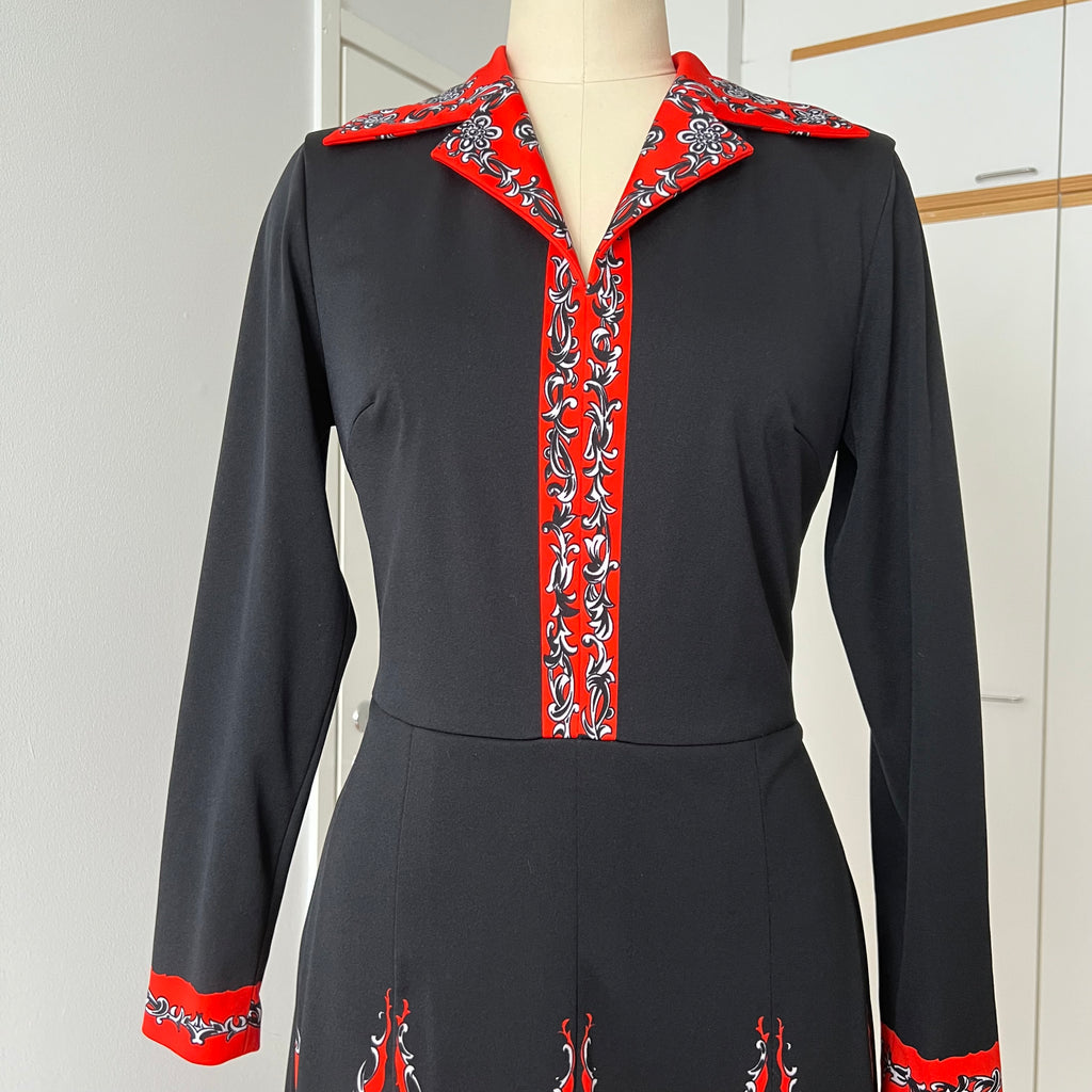 1970s Psychedelic Mod Midi Dress-Vintage Pointed Collar Long Sleeves Dress EU 42