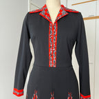 1970s Psychedelic Mod Midi Dress-Vintage Pointed Collar Long Sleeves Dress EU 42