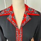 1970s Psychedelic Mod Midi Dress-Vintage Pointed Collar Long Sleeves Dress EU 42