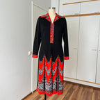 1970s Psychedelic Mod Midi Dress-Vintage Pointed Collar Long Sleeves Dress EU 42