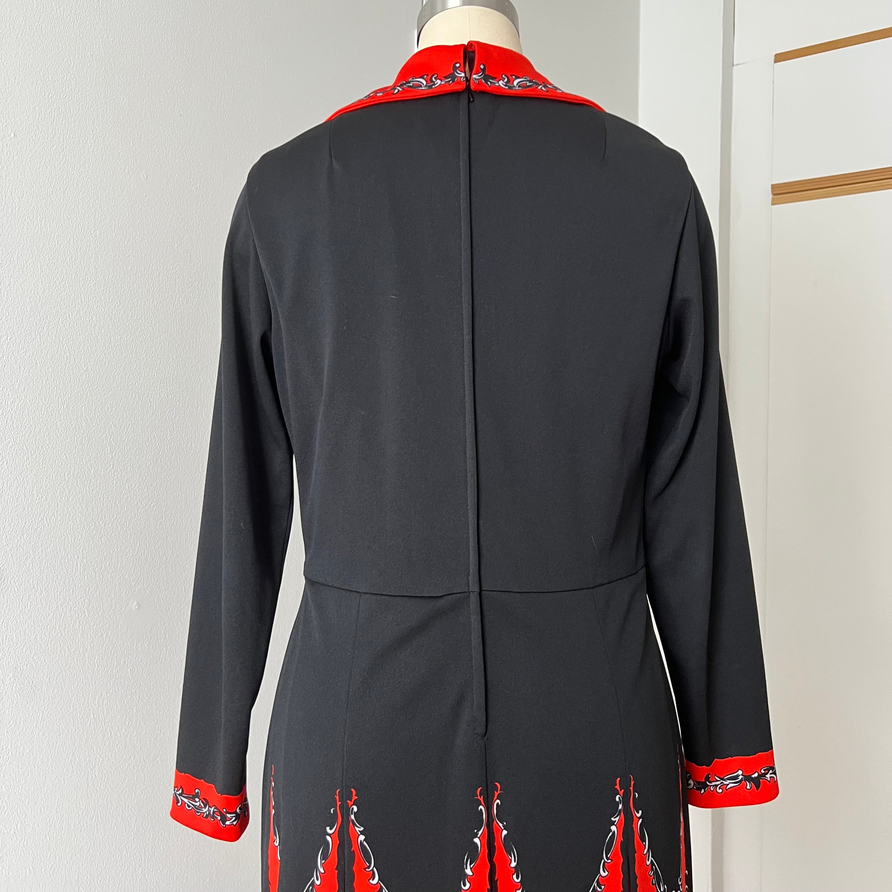 1970s Psychedelic Mod Midi Dress-Vintage Pointed Collar Long Sleeves Dress EU 42