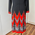 1970s Psychedelic Mod Midi Dress-Vintage Pointed Collar Long Sleeves Dress EU 42