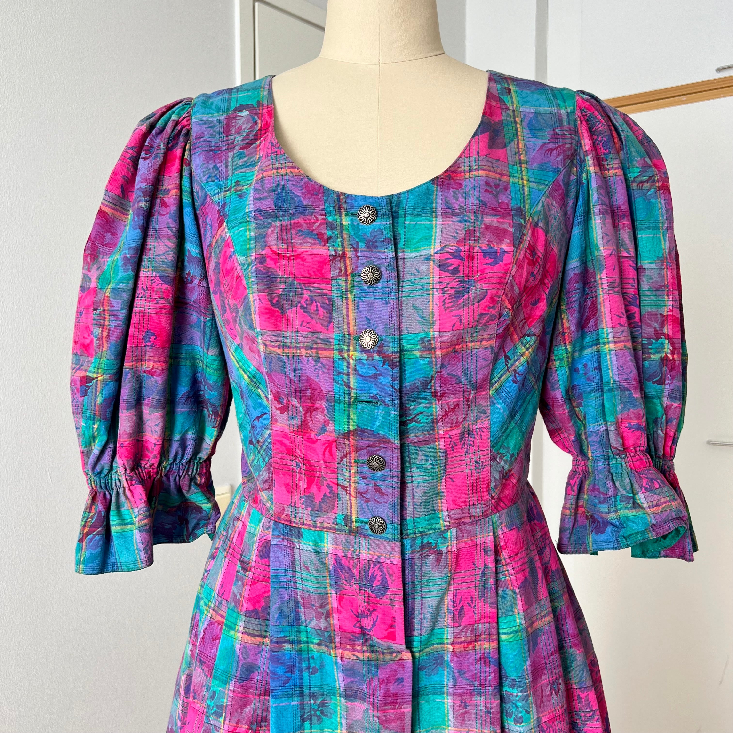 Vintage 80s Austrian Trachten Dress-Bavarian Floral Plaid Dirndl Oktoberfest Dress