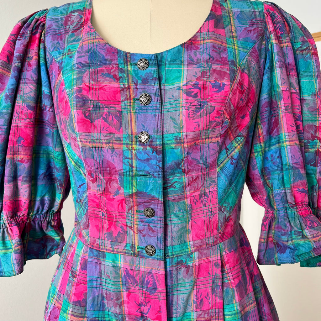 Vintage 80er Jahre Österreichisches Trachtenkleid - Bayerisches Blumen Karo Dirndl Oktoberfest Kleid