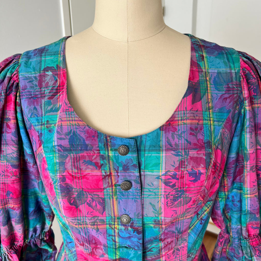 Vintage 80er Jahre Österreichisches Trachtenkleid - Bayerisches Blumen Karo Dirndl Oktoberfest Kleid