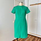 Green Textured Mod Shift Dress – 60s Space Age Stewardess Style, Crimplene Jersey