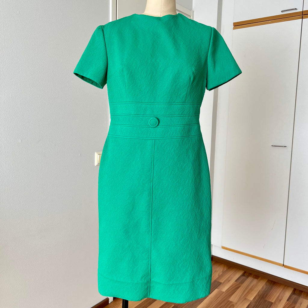 Green Textured Mod Shift Dress – 60s Space Age Stewardess Style, Crimplene Jersey