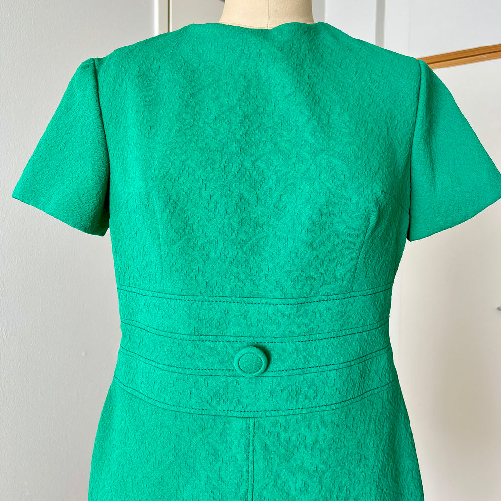 Green Textured Mod Shift Dress – 60s Space Age Stewardess Style, Crimplene Jersey