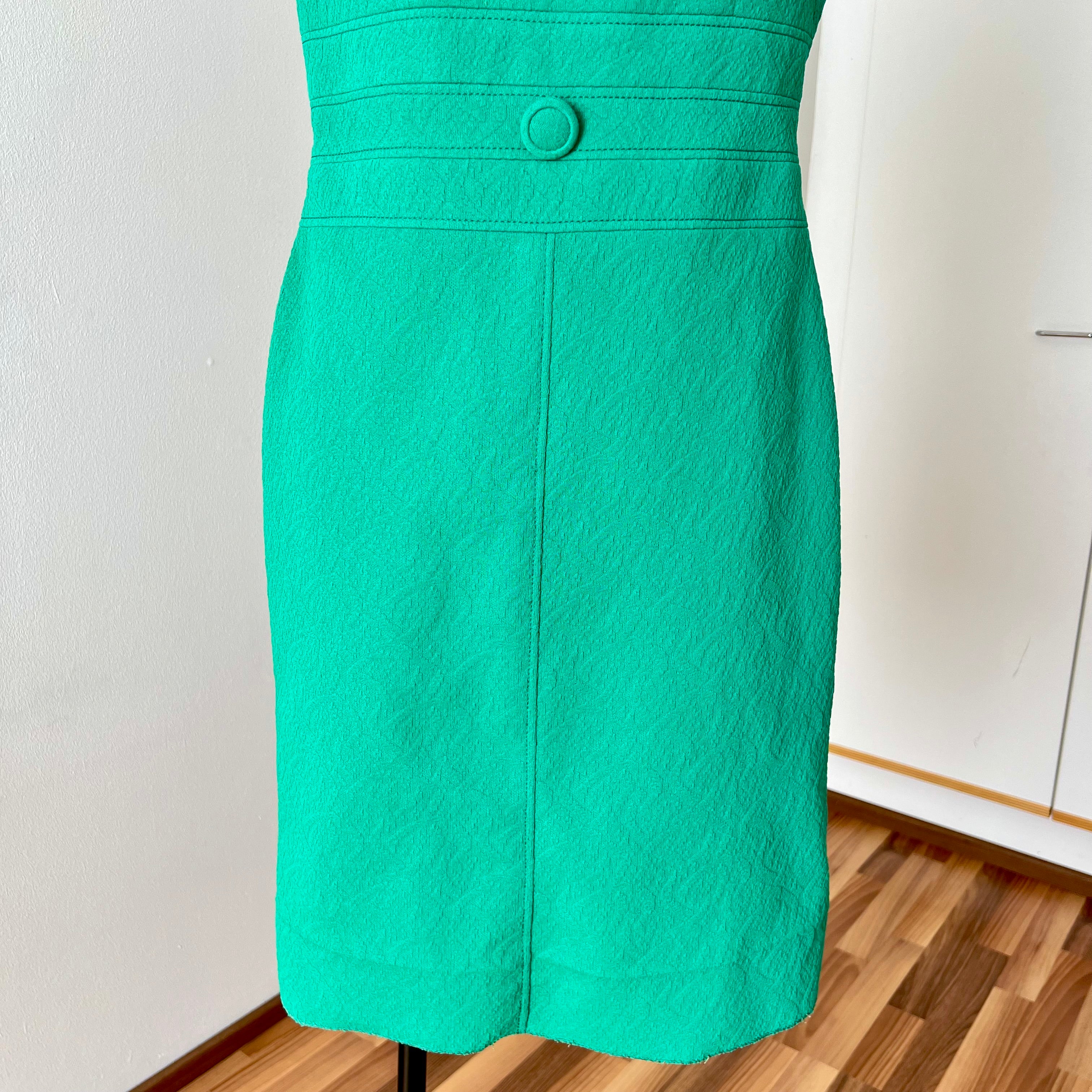 Green Textured Mod Shift Dress – 60s Space Age Stewardess Style, Crimplene Jersey