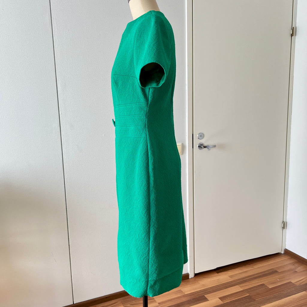 Green Textured Mod Shift Dress – 60s Space Age Stewardess Style, Crimplene Jersey