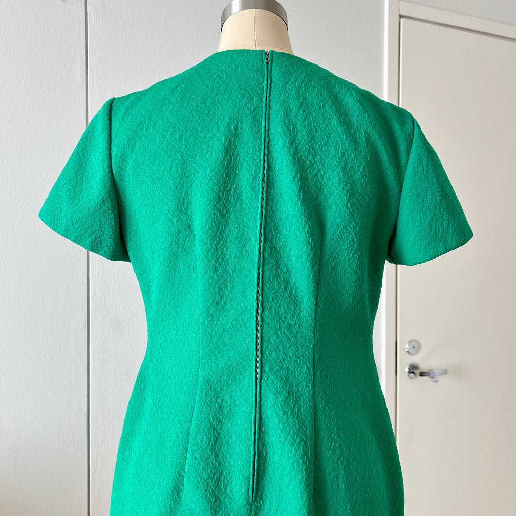 Green Textured Mod Shift Dress – 60s Space Age Stewardess Style, Crimplene Jersey