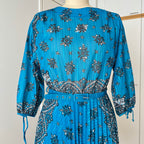 1980s Boho Blue Scarf Print Dress-3/4 Sleeves Retro Pleated Midi Dress