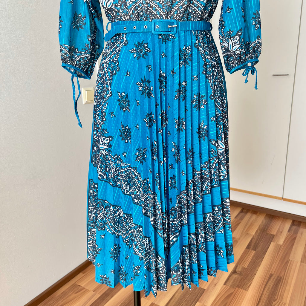 1980s Boho Blue Scarf Print Dress-3/4 Sleeves Retro Pleated Midi Dress