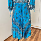 1980s Boho Blue Scarf Print Dress-3/4 Sleeves Retro Pleated Midi Dress