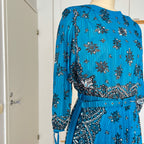 1980s Boho Blue Scarf Print Dress-3/4 Sleeves Retro Pleated Midi Dress